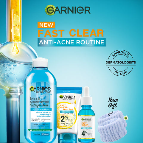 Garnier Fast Clear Serum & Micellar Water & Exfoliating Wash & FREE Blue Wrist Band