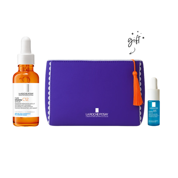 With Every Purchase of 12% Pure Vitamin C  Serum  30ml get LRP SUMMER PURPLE POUCH 2025 + HYALU B5 MINI SERUM 10ML