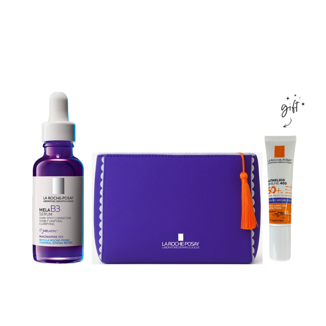With Every Purchase of MELA B3 10 Serum 30ml EN FR get LRP SUMMER PURPLE POUCH 2025 + ANTH UVM ANTIPIGM FL T15ml