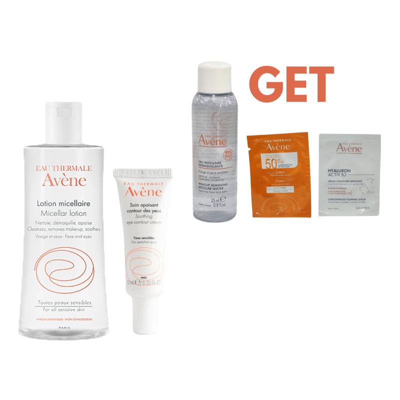 Avene Refresh & Revive Bundle: Micellar lotion 500ml + Soothing eye contour cream 10ml + Micellar lotion 25ml + invisible fluid suncreen 2ml + hyaluron b3 serum 2ml