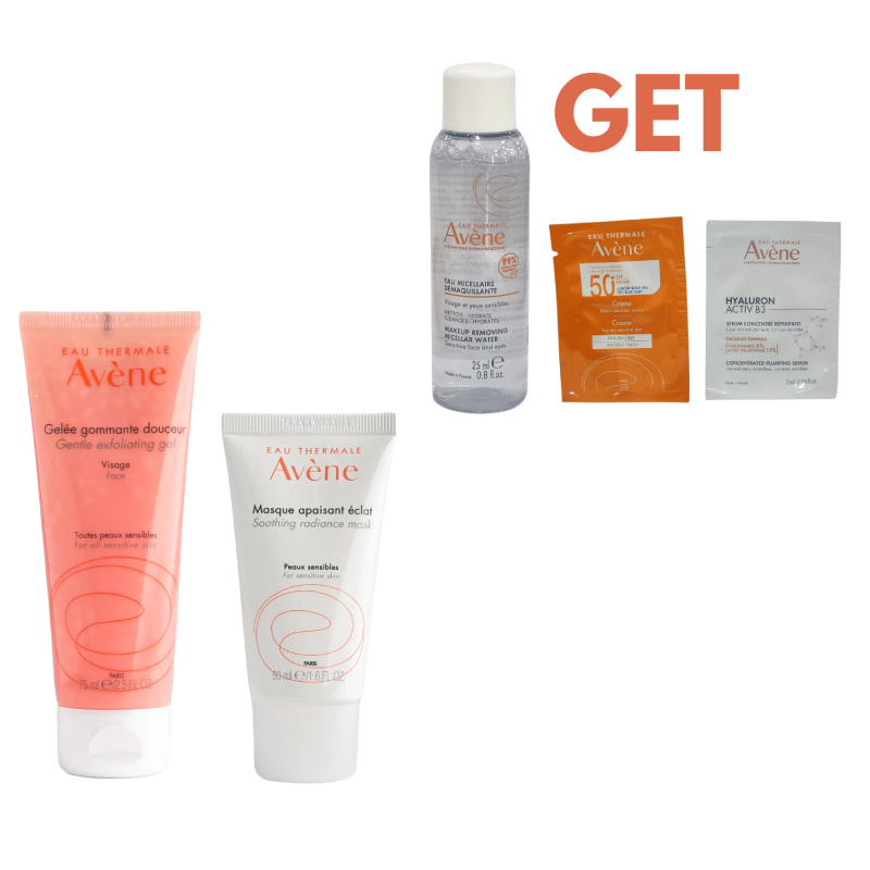 Avene Purify & Hydrate Duo set: gentle purifying exfoliating mask 75ml  + hydrating soothing mask 50ml+Micellar lotion 25ml + invisible fluid suncreen 2ml + hyaluron b3 serum 2ml