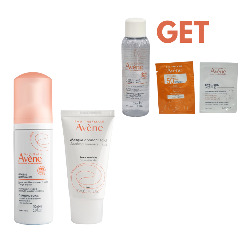 Avene Mattify & Hydrate Bundle set: mattifying cleansing foam 150ml   + hydrating soothing mask 50ml+ Micellar lotion 25ml + invisible fluid suncreen 2ml + hyaluron b3 serum 2ml