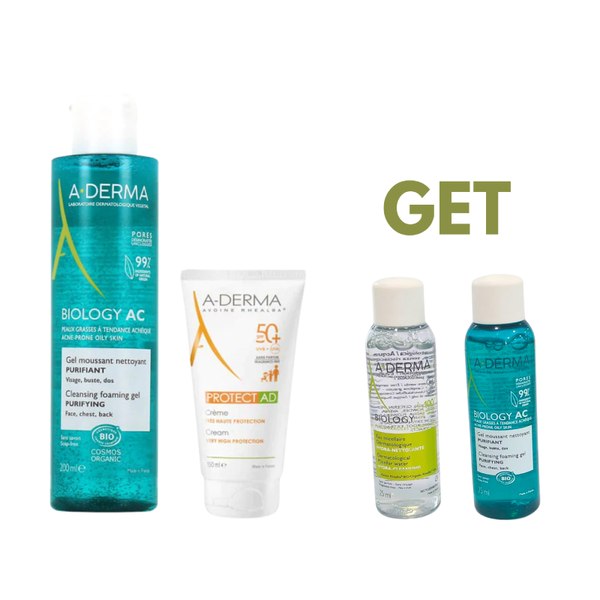 A-Derma Acne Care Protection Set:phys-ac foaming gel 200ml + AC mattifying fluid + Micellar Lotion 25ml + biology ac gel 25ml