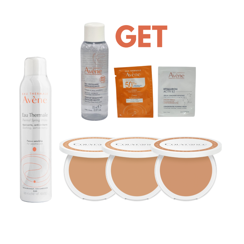 Avene Foundation & Hydration Set: avene compact foundation +thermal spray 300ml + Micellar lotion 25ml + invisible fluid suncreen 2ml + hyaluron b3 serum 2ml