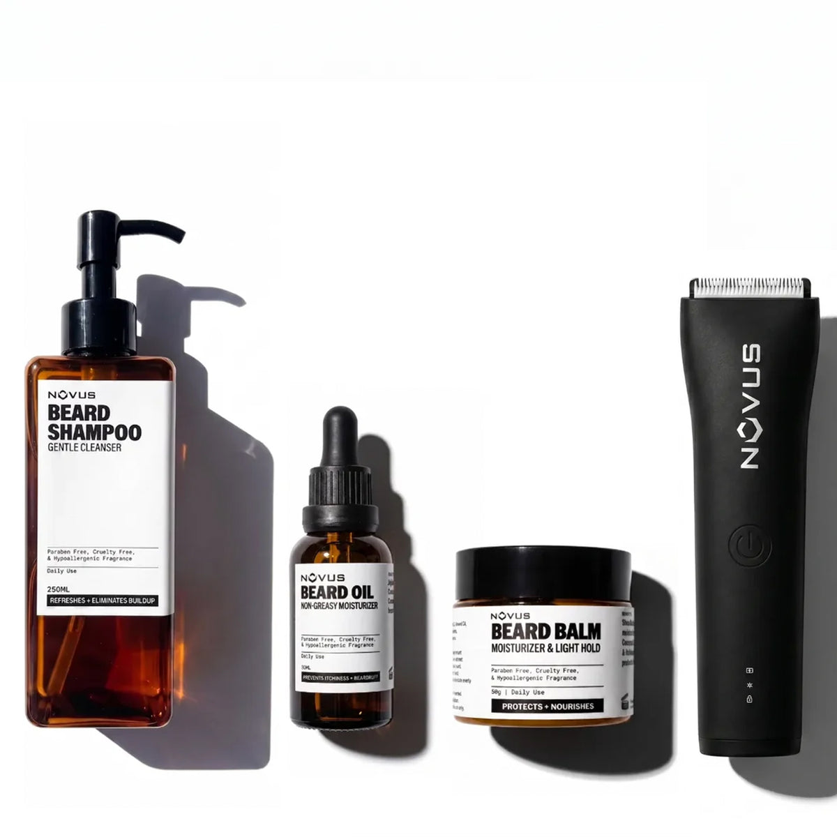 Essential Beard Care Set (Shampoo, Oil and Balm) + Novus Trimmer 2.0