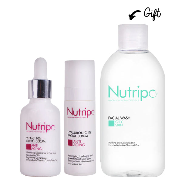 Hyaluronic 1% Facial Serum 30 mL+ Vitamin C 10%  Facial Serum 30 mL +Facial Wash 200ml (Gift)