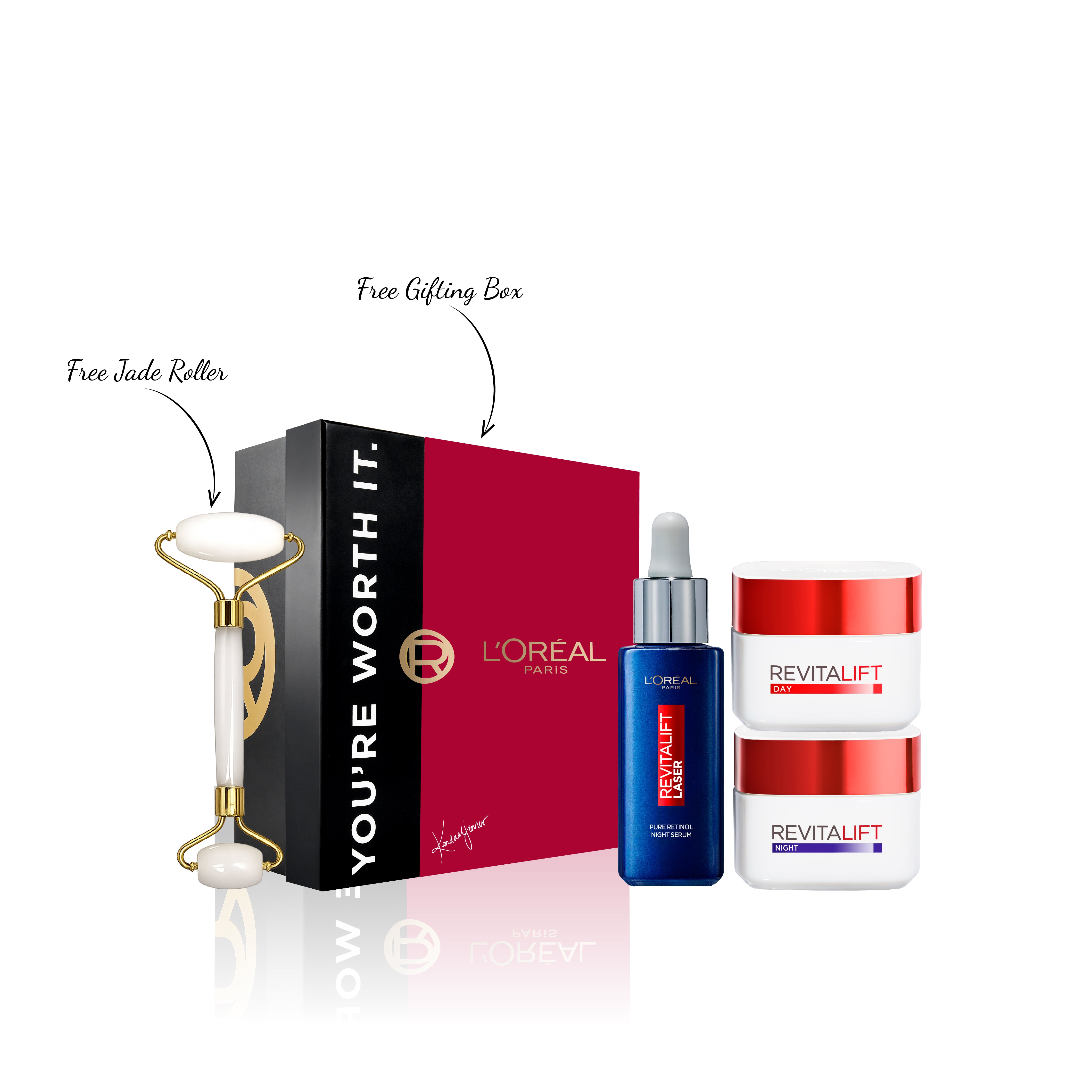 20 % OFF Revitalift Serum + Revitalift Stimulift Day Cream + Night Cream + Free Jade Roller + Gifting Box