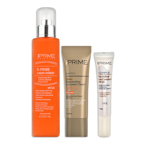 Tinted Rejuvenating Sunscreen SPF50 40ML + Trio Active Eye Concealer SPF25 + Prime C-PRIME Liquid Syndet