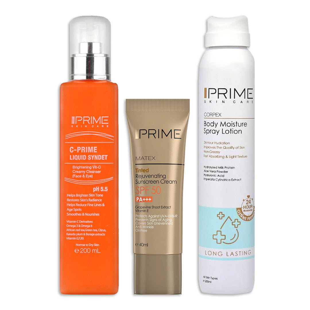 Buy Tinted Anti-Aging Sunscreen SPF50 + Body Moisture Spray + Prime C-PRIME Liquid Syndet