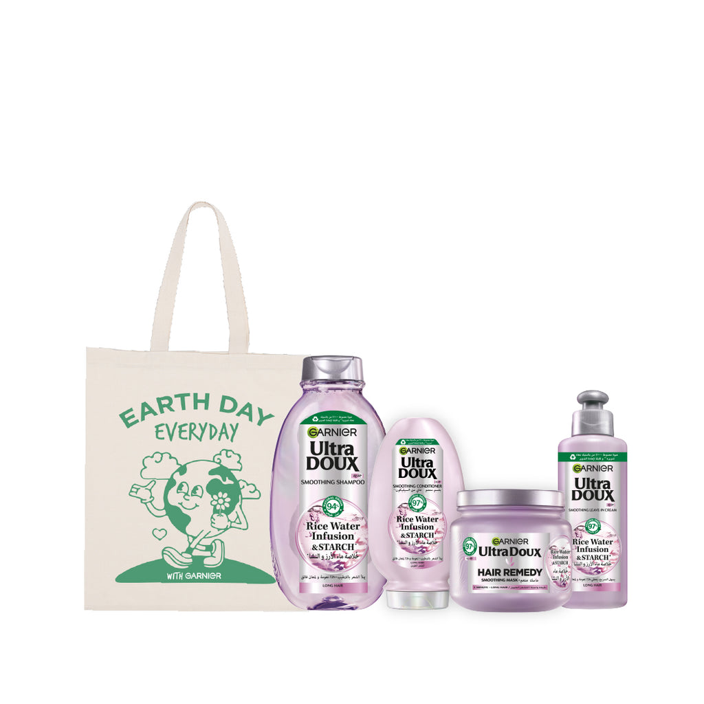 Garnier Rice Water Shampoo 400 mL + Conditioner 200 mL + Jar  + Leave in Cream + tote bag