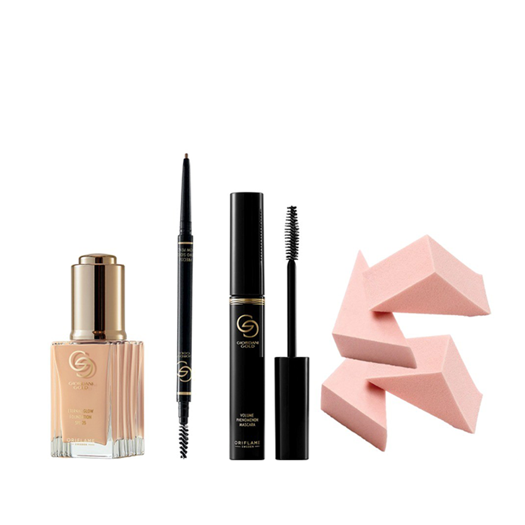 GG Eternal Glow Foundation - Porcelain Warm + GG Precise Two Sided Brow Pencil-L Brown + GG Volume Phenomenon Mascara- black + Foundation Wedges Pack of 4