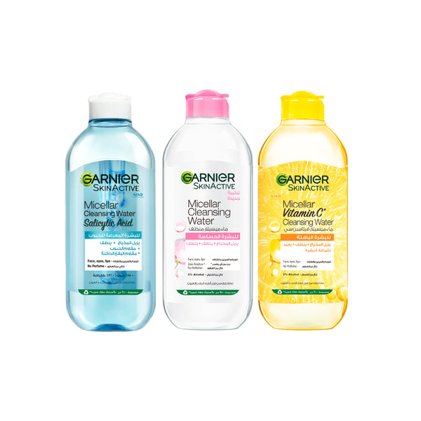 25% OFF Garnier Micellar Water Makeup Remover 400ml + Micellar Water Facial Brightening Cleanser and Makeup Remover 400ml + Micellar Water with Salicylic Acid for Acne Prone Skin