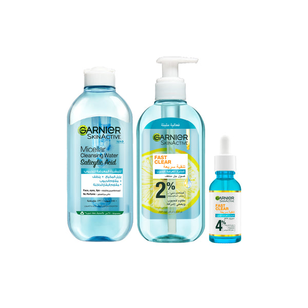 25% OFF - Garnier Fast Clear 4% Salicylic Acid, Vitamin C, Niacinamide, AHA - Anti-Acne Treatment Booster Serum + Anti Acne Gel Wash 200 mL + Fast Clear Micellar Water with Salicylic Acid for Acne Prone Skin