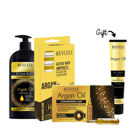 Argan Oil Cream-butter Hand and Body 5 in 1 + ARGAN OIL ACTIVE HAIR AMPOULES 8*5ml + Ampoules Argan Oil Concentrated fluid with Argan Oil and Antioxidant complex for face & neck+ FREE ARGAN OIL Day Cream 50ml