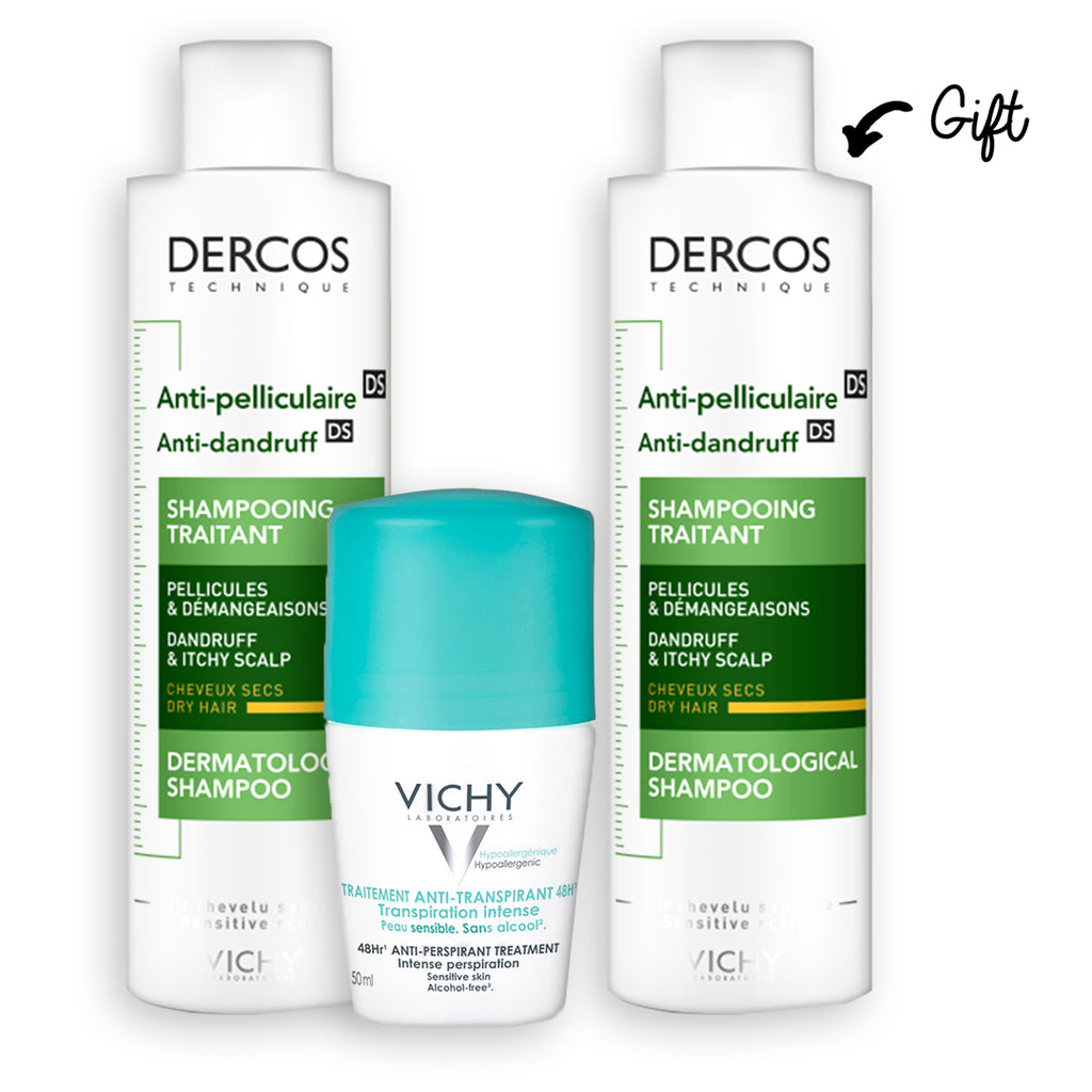 With any purchase of Dercos ANTIDAND Dry Hair and DEO ON 48HR AP INTENSIVE 50ML Get a Full size Dercos anti dand shampoo Dry Hair200ML