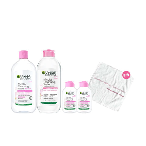 20% OFF Garnier Micellar Water Makeup Remover 700ml + Garnier Micellar Water Makeup Remover 400ml + Garnier Micellar Water Makeup Remover 100ml  + FREE Skin Active Quote Towels