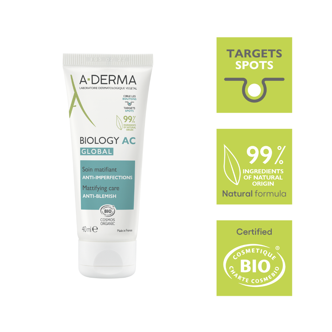 Buy one A-Derma Biology AC Mattifying anti-blemish global treatment and get a FREE 200ml Biology AC Purifying foaming gel