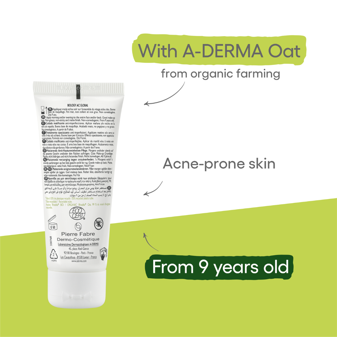 Buy one A-Derma Biology AC Mattifying anti-blemish global treatment and get a FREE 200ml Biology AC Purifying foaming gel