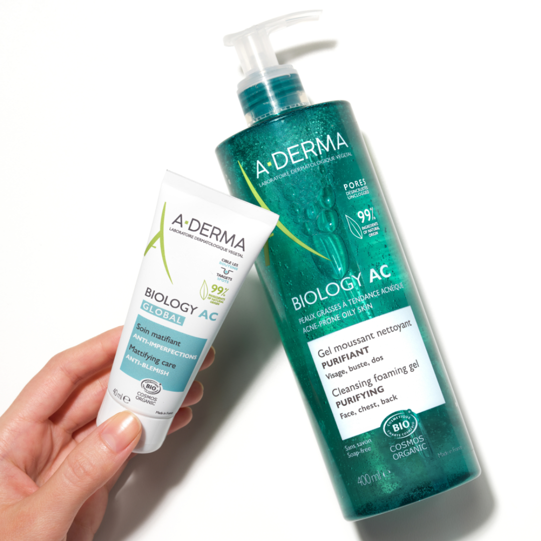 Buy one A-Derma Biology AC Mattifying anti-blemish global treatment and get a FREE 200ml Biology AC Purifying foaming gel