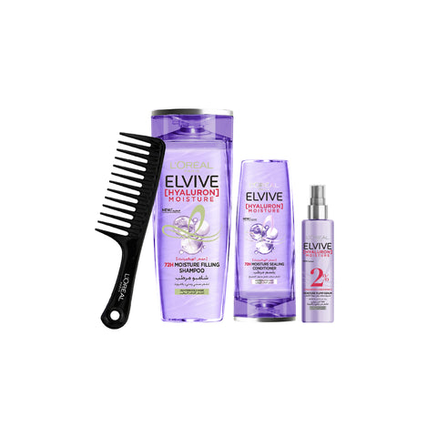 20% OFF Elvive Hyaluron Shampoo 400ml + Elvive Hyaluron Conditioner 200ml + Elvive Hyaluron Plump Leave In Spray 150ml + FREE Wide Tooth Comb