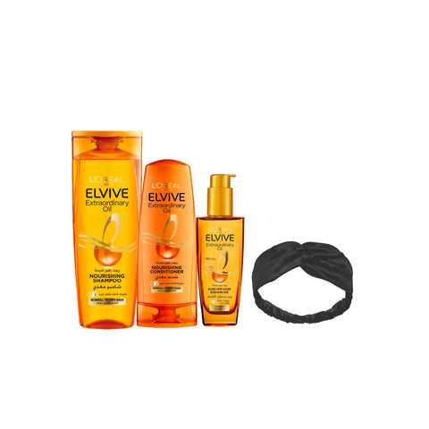 20% OFF Elvive Extraordinary Oil Shampoo Normal To Dry Hair 400ml + Elvive Extraordinary Oil Conditioner 200ml + Elvive Extraordinary Oil Serum 100ml + FREE Black Head Band