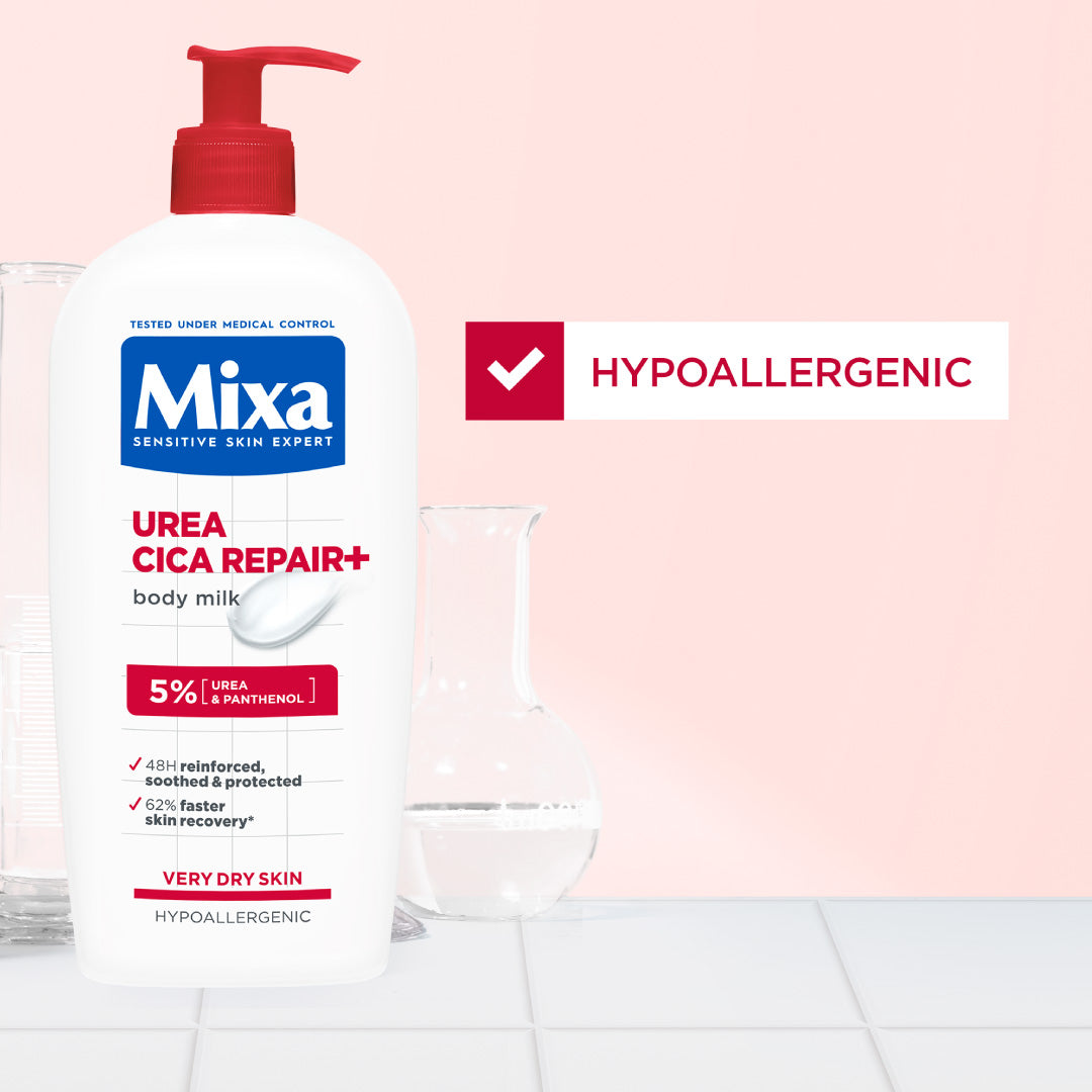 Mixa Urea Cica Repair Body Lotion - For Keratosis Pilaris, Dry, Flaky, Strawberry, Rough, & Fragile Skin & Tiny Reddish Bumps - With 5% Urea and Panthenol - 400 ml