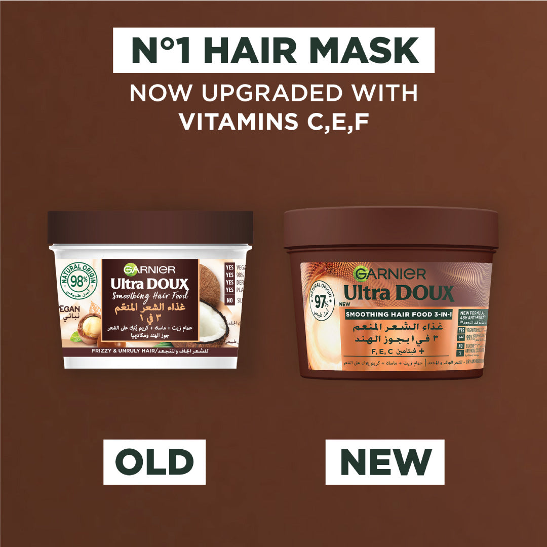 Garnier Ultra Doux Coconut Hair Food 3in1 Mask for frizzy hair, Boosted with Vitamins C, E & F