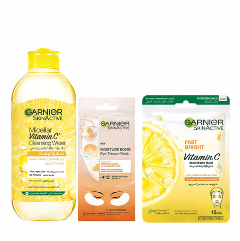 25% OFF Exclusive Garnier Vitamin C micellar water 400 mL+ Fast Bright face Tissue Mask + Hydra bomb eye tissue mask