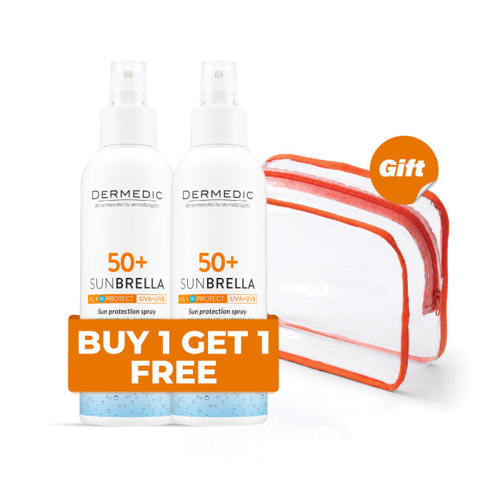 Buy 1 Get 1 Free Dermedic Sun protection milk spray for adults spf 50 + Pouch