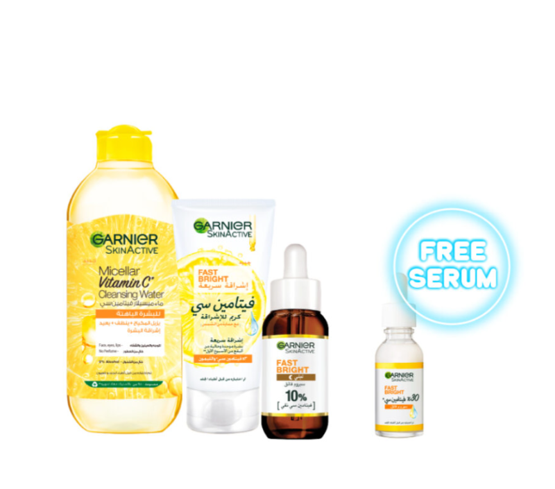 25% Garnier Fast Bright Micellar + Night Serum + Day Cream + Free Mini Serum