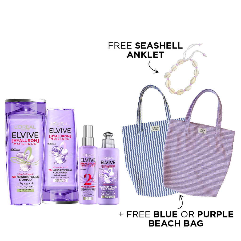 10% OFF Elvive Hyaluron Shampoo + Conditioner + Plump Leave In Spray + Moisture Filling Night Cream + GET Seashell anklet + Beach bag