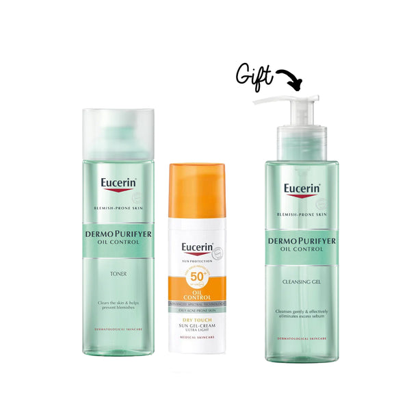 Eucerin DermoPurifyer Oil Control Toner 200 ml + Oil Control Sun Gel Cream SPF 50 + Dermopurifyer oil control cleansing gel 200ml (Gift)