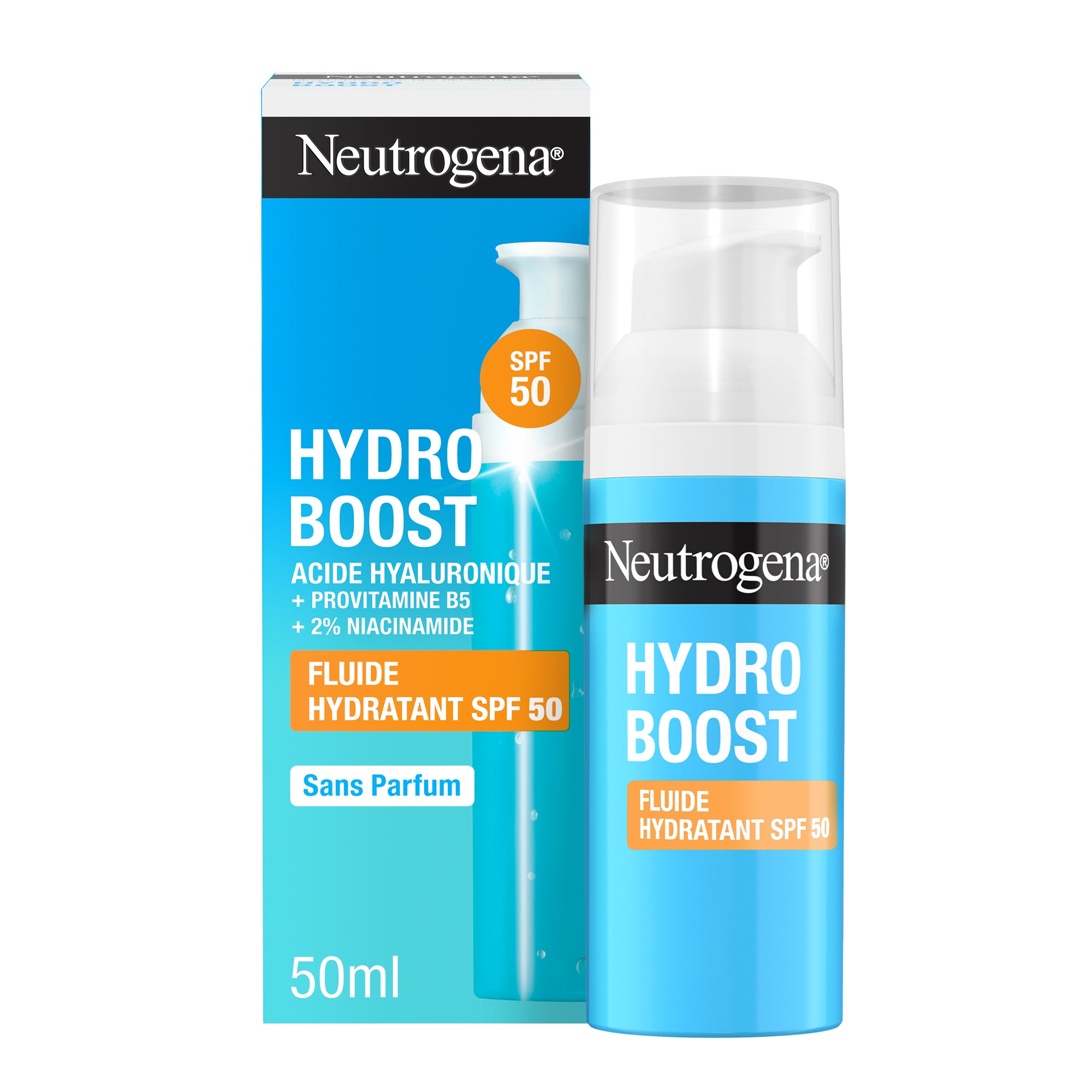 Neutrogena Hydro Boost Hydrating Sun Fluid SPF 50, Lightweight, Non-Sticky, with Hyaluronic Acid, Pro-Vitamin B5 and 2% Niacinamide, 50ml