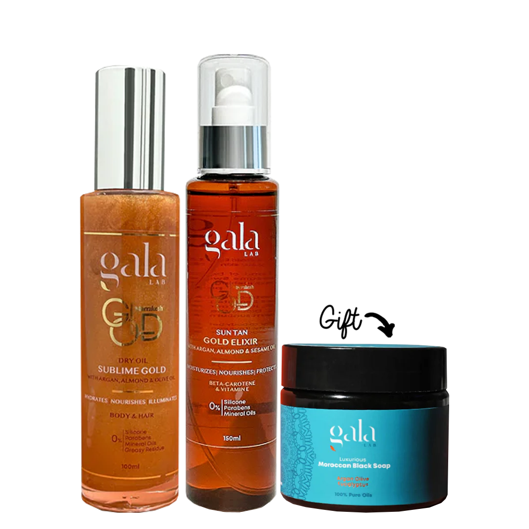 Buy Sun Tan Gold Elixir + Glittery Dry Oil Sublime Gold + Get Free Luxurious Moroccan Black Soap