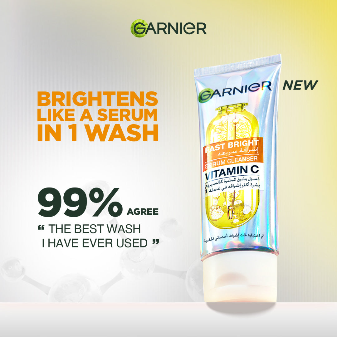Garnier Fast Bright Serum Cleanser - Dual Action Foam Cleanser, Brightens in 1 Wash - For All Skin Types, Even Sensitive Skin - 100 ml