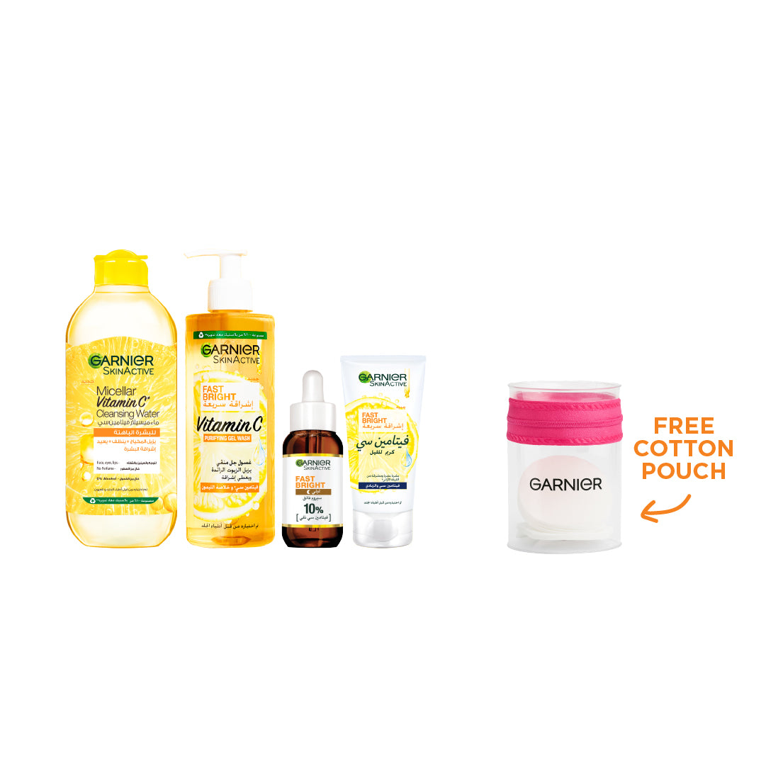 25 % OFF  Vitamin C Micellar Water + Gel Wash 400mL + Overnight Serum + Night Cream + Free Cotton Pouche