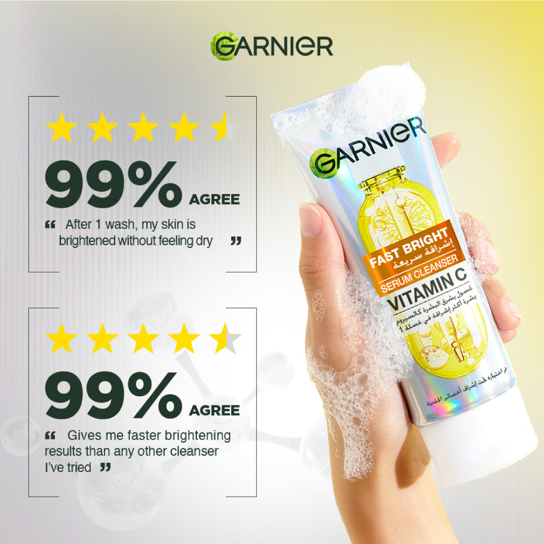 Garnier Fast Bright Serum Cleanser - Dual Action Foam Cleanser, Brightens in 1 Wash - For All Skin Types, Even Sensitive Skin - 100 ml