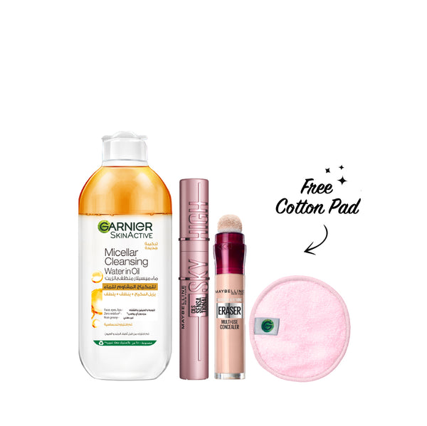 20% OFF Sky high + in oil micellar 400 ml + instant age rewind concealer Get cotton pad