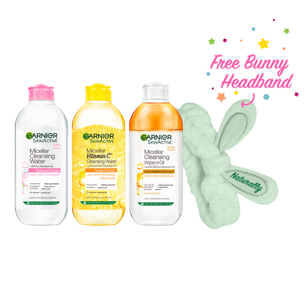 20% OFF Garnier Micellar Water Makeup Remover 400ml + Micellar Oil-Infused Cleansing Water 400ml + Vitamin C Micellar Water 400ml +FREE Green Bunny Headband