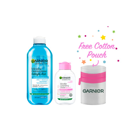 Garnier Micellar Water Bright Complex 400 mL + Micellar Water Makeup Remover 100 mL + Garnier Cotton Pouch FREE