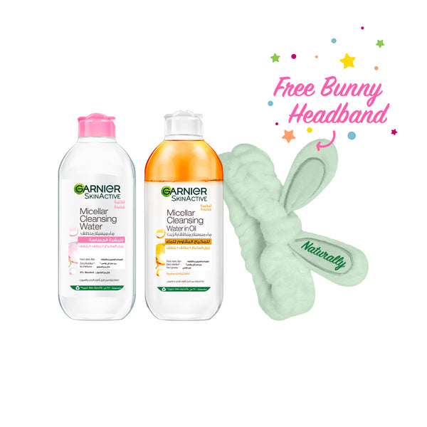 15% OFF Garnier Micellar Water Makeup Remover 400ml + Micellar Oil-Infused Cleansing Water 400ml +FREE Green Bunny Headband