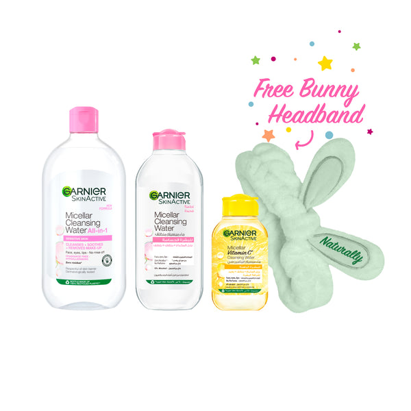 20% OFF Garnier Micellar Water Makeup Remover 700ml +Garnier Micellar Water Makeup Remover 400ml + Garnier Micellar Water Vitamin C 100ml + FREE Green Bunny Headband