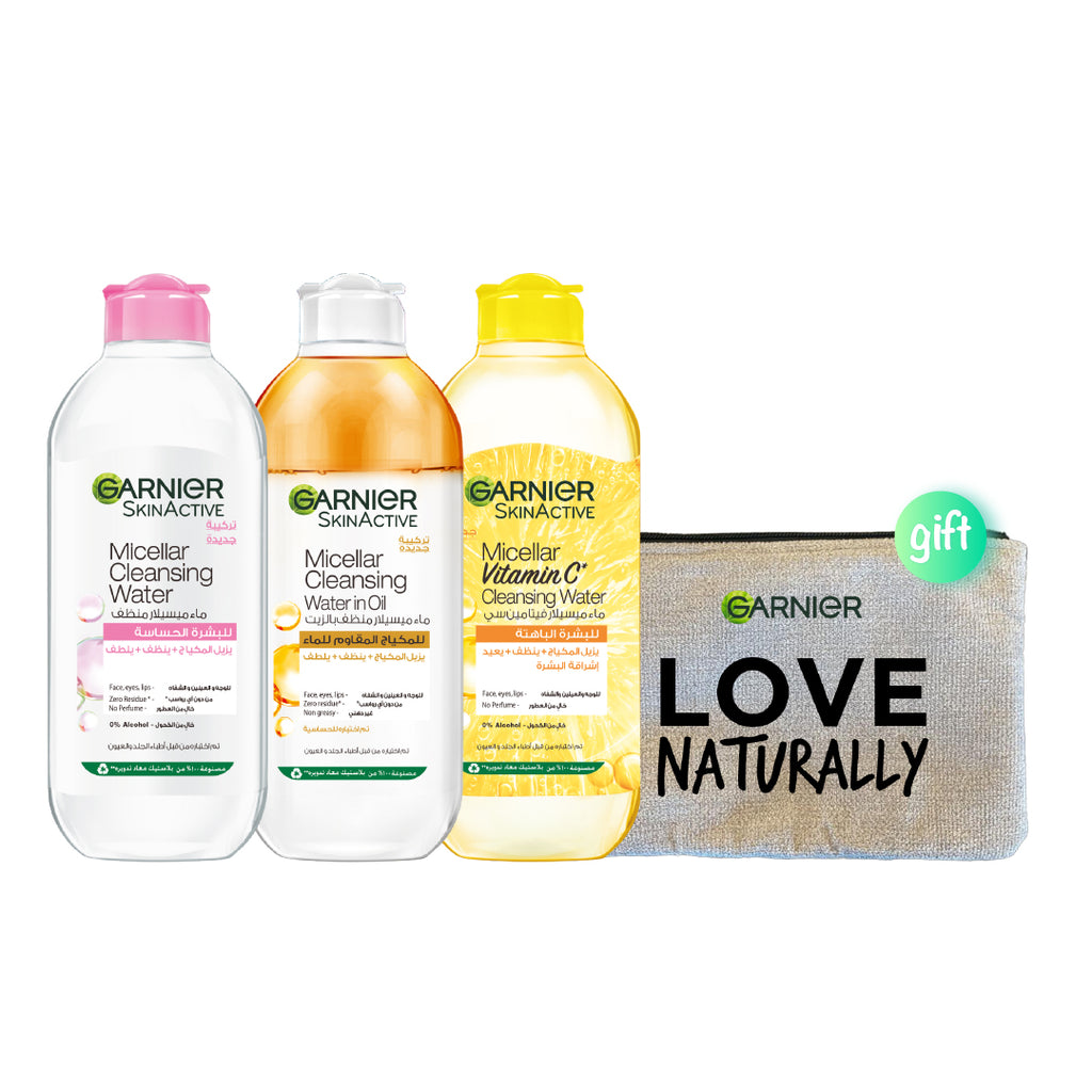 15% OFF Garnier Micellar Water Makeup Remover 400ml + Micellar Oil-Infused Cleansing Water 400ml + Vitamin C Micellar Water 400ml + FREE Garnier Skin Active Love Naturally Pouch
