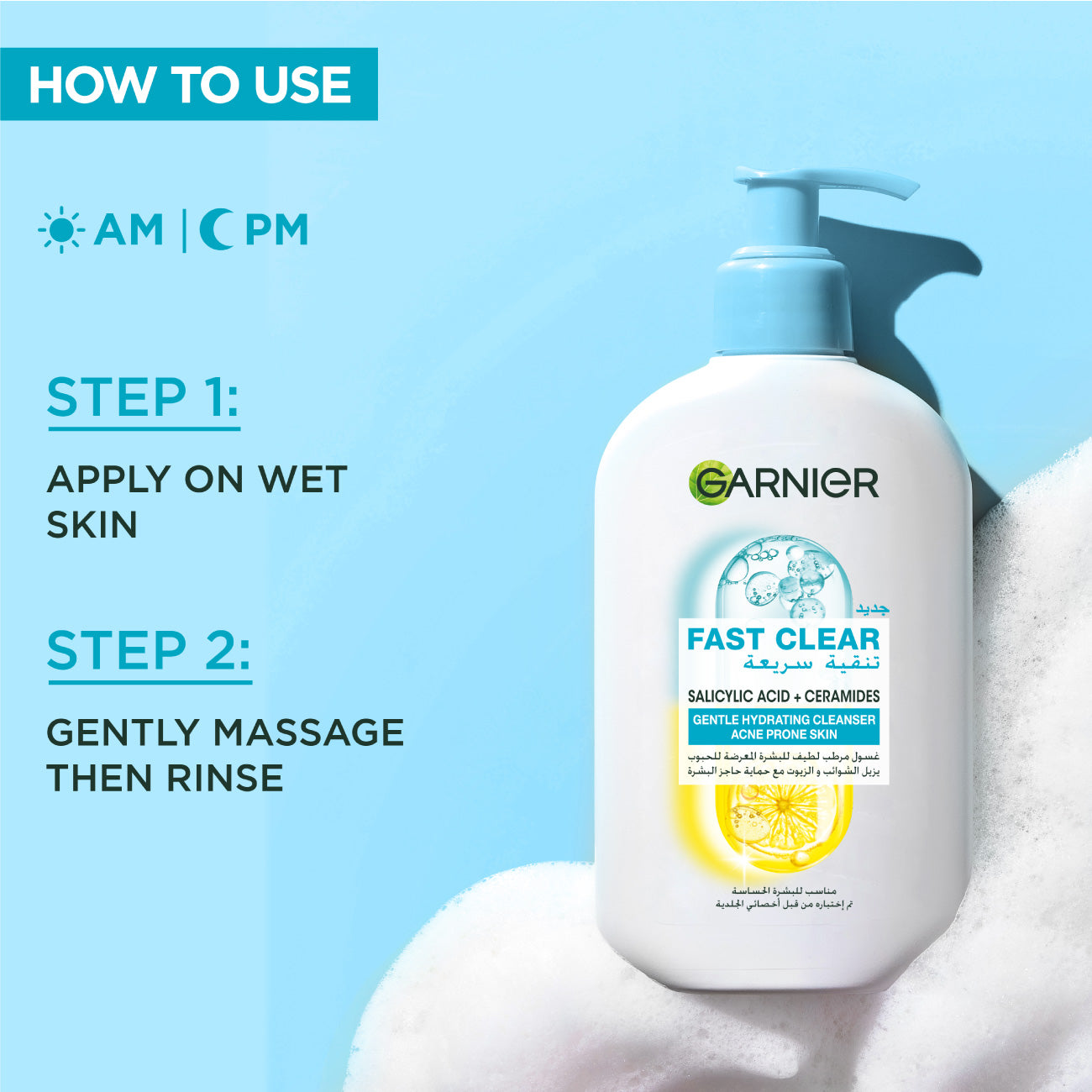 Garnier Fast Clear Gentle Cleanser Hydrating Face Wash for Acne Prone Skin 250ml
