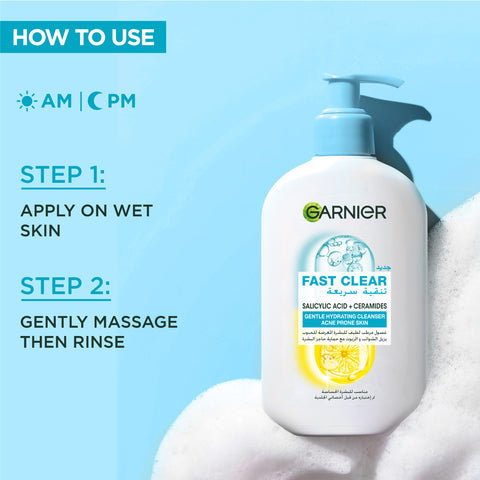 Garnier Fast Clear Gentle Cleanser Hydrating Face Wash for Acne Prone Skin 250ml