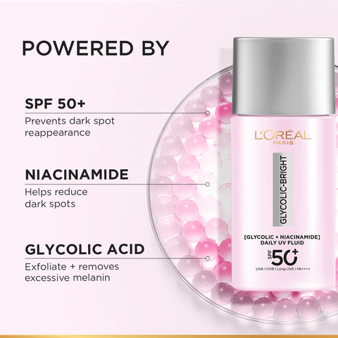 L’Oréal Paris Glycolic Bright Anti-Dark Spot Daily UV Fluid SPF 50+ with [Glycolic Acid + Niacinamide]
