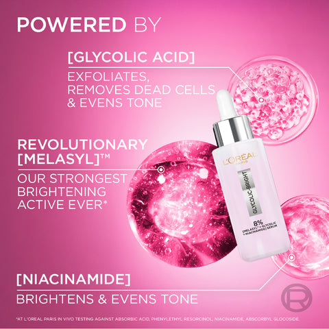 L’Oréal Paris Glycolic Bright Serum with 8% [Melasyl ™ + Glycolic Acid + Niacinamide] face serum for Dark Spots & Brightening 30ml
