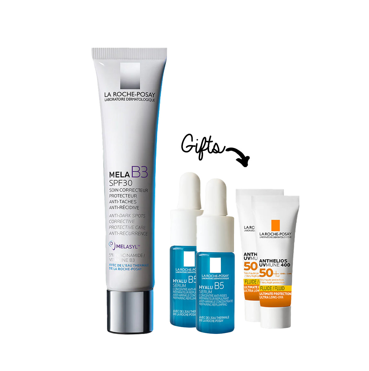 With every purchase of any item from the mela b3 range get hyalub5 serum 3ml x2 + anth uvmune fluide 3ml x 2