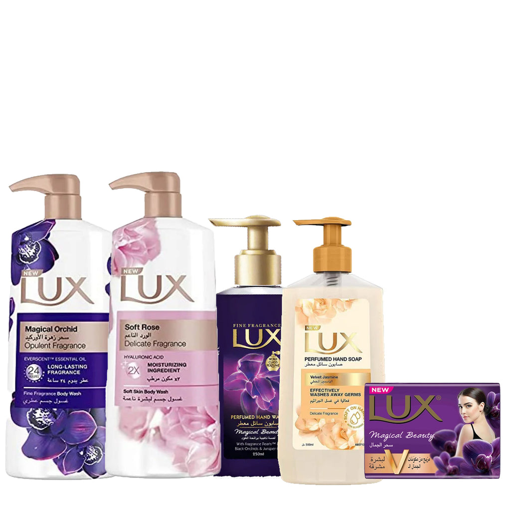 Lux Bar Magic Beauty Impression Soap 115g + Lux Perfumed Body Wash Magical Orchid + Lux Perfumed Magical Beauty Hand Wash 500ml + Lux Perfumed Velvet Yasmine Hand Wash 500ml + Lux Soft Rose Body Wash