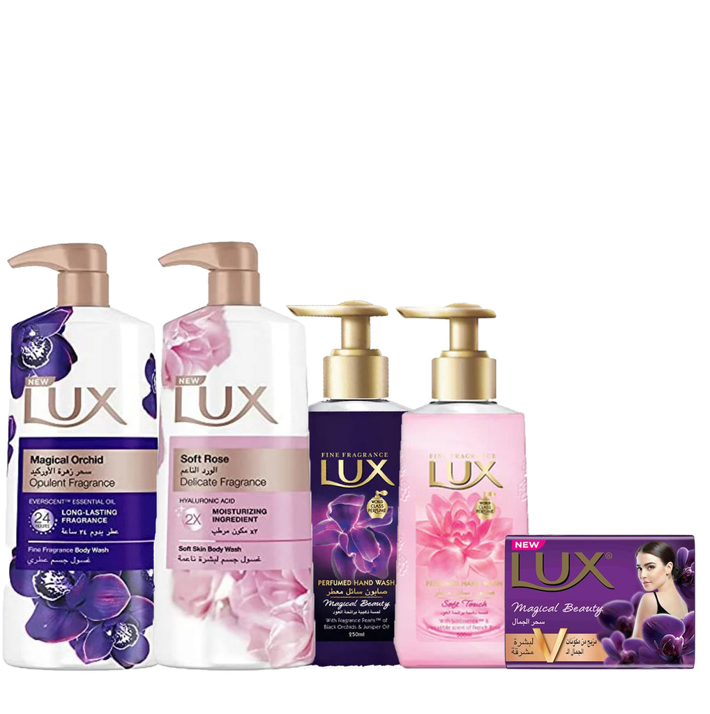 Lux Bar Magic Beauty Impression Soap 115g + Lux Perfumed Body Wash Magical Orchid 700ml + Lux Perfumed Magical Beauty Hand Wash 500ml + LUX Perfumed Soft Touch Hand Wash 500ml + Lux Soft Rose Body Wash 700ml